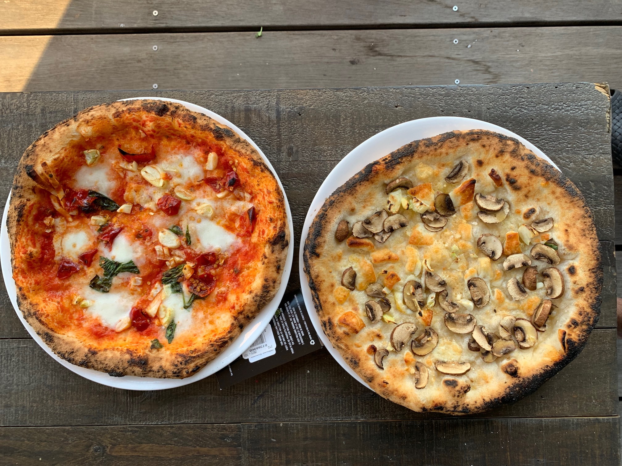 a fungi pizza and a margarita pizza with a ball of burrata cheese