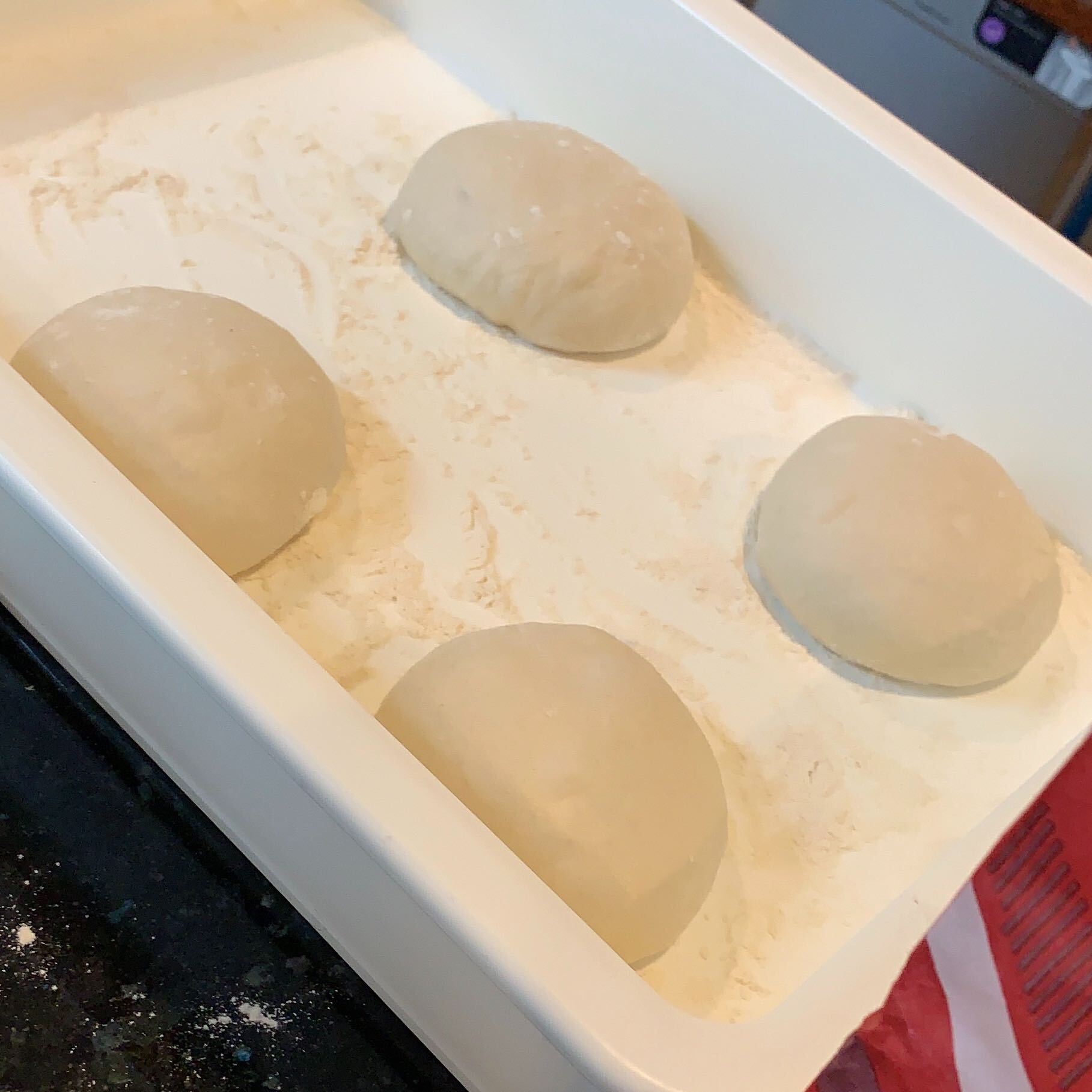 dough cut into equally sized balls, proofing in a well floured container